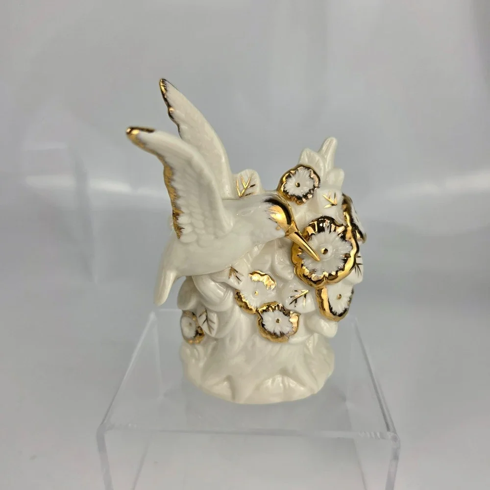 Lenox-Style Ivory Porcelain Hummingbird Figurine Gold Accents‎ Flowers Branch